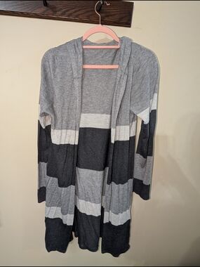 Cupio Gray, Black & White Striped Hooded Cardigan